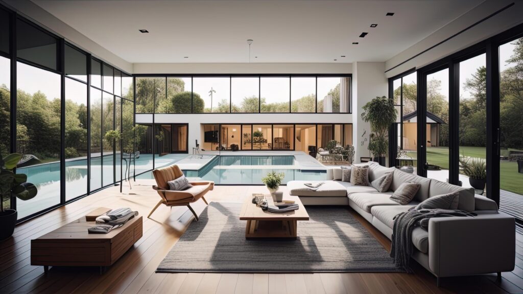 3d rendering of a modern living room with a swimming pool. Stock Free