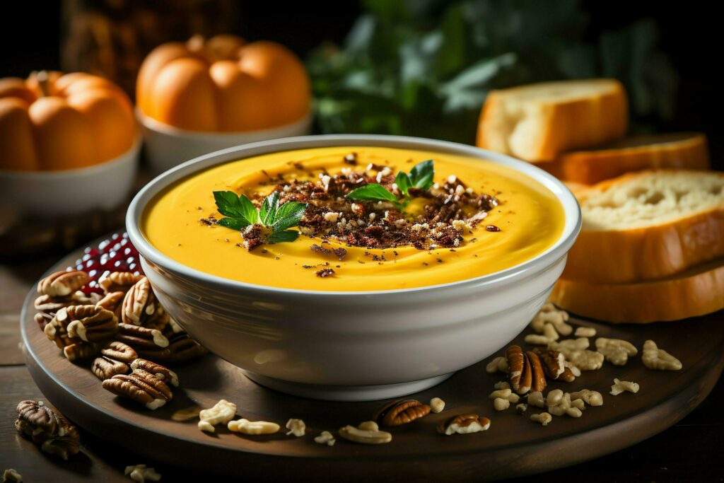 A delicious pumpkin soup food cream in a bowl. Winter food and high healthy soup meal concept by AI Generated Stock Free