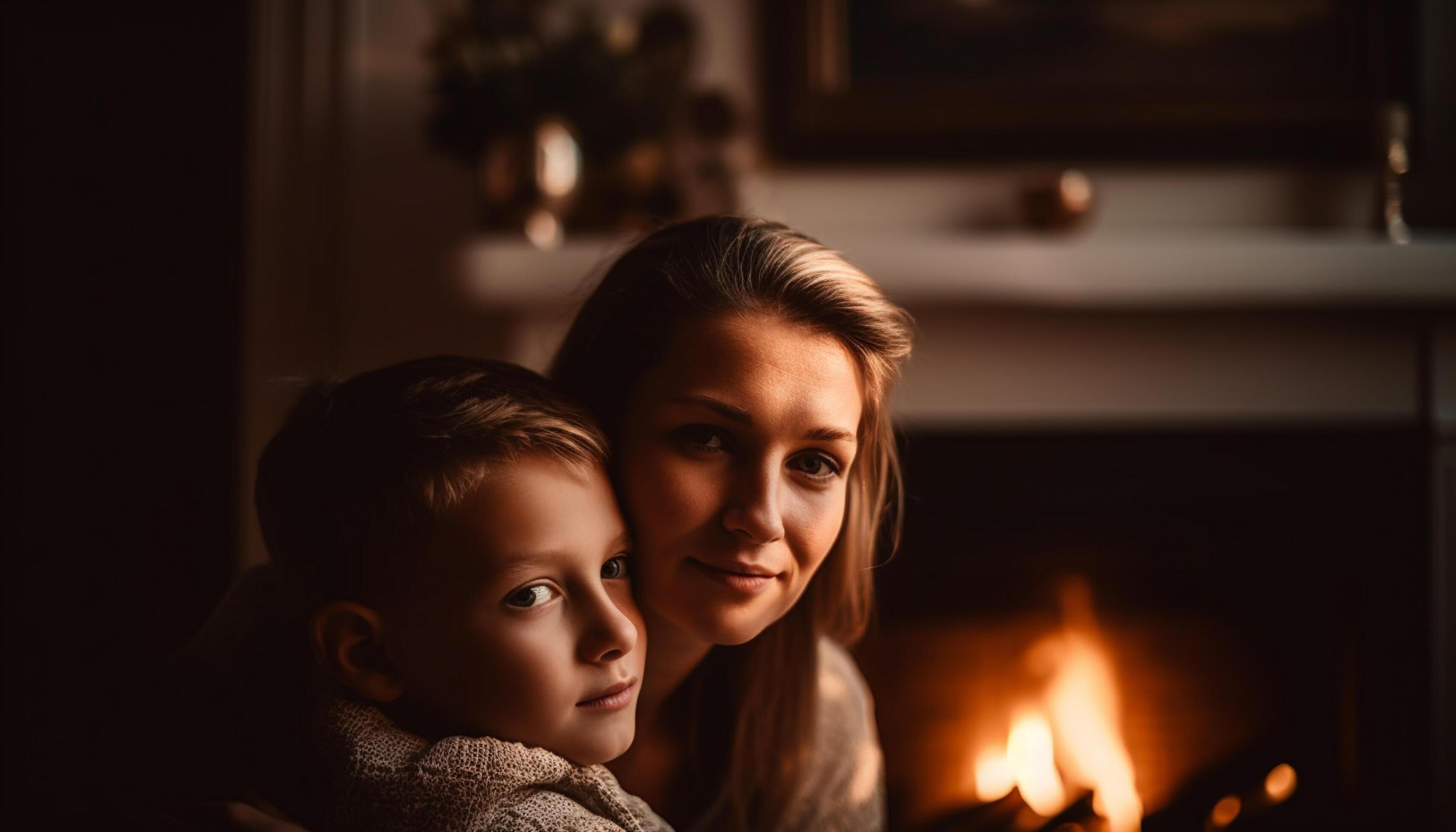 AI generated A happy family embraces, smiling, in their cozy living room generated by AI Stock Free