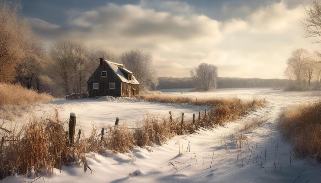 Tranquil winter landscape snow covered farm, forest, and abandoned cottage generated by AI Stock Free