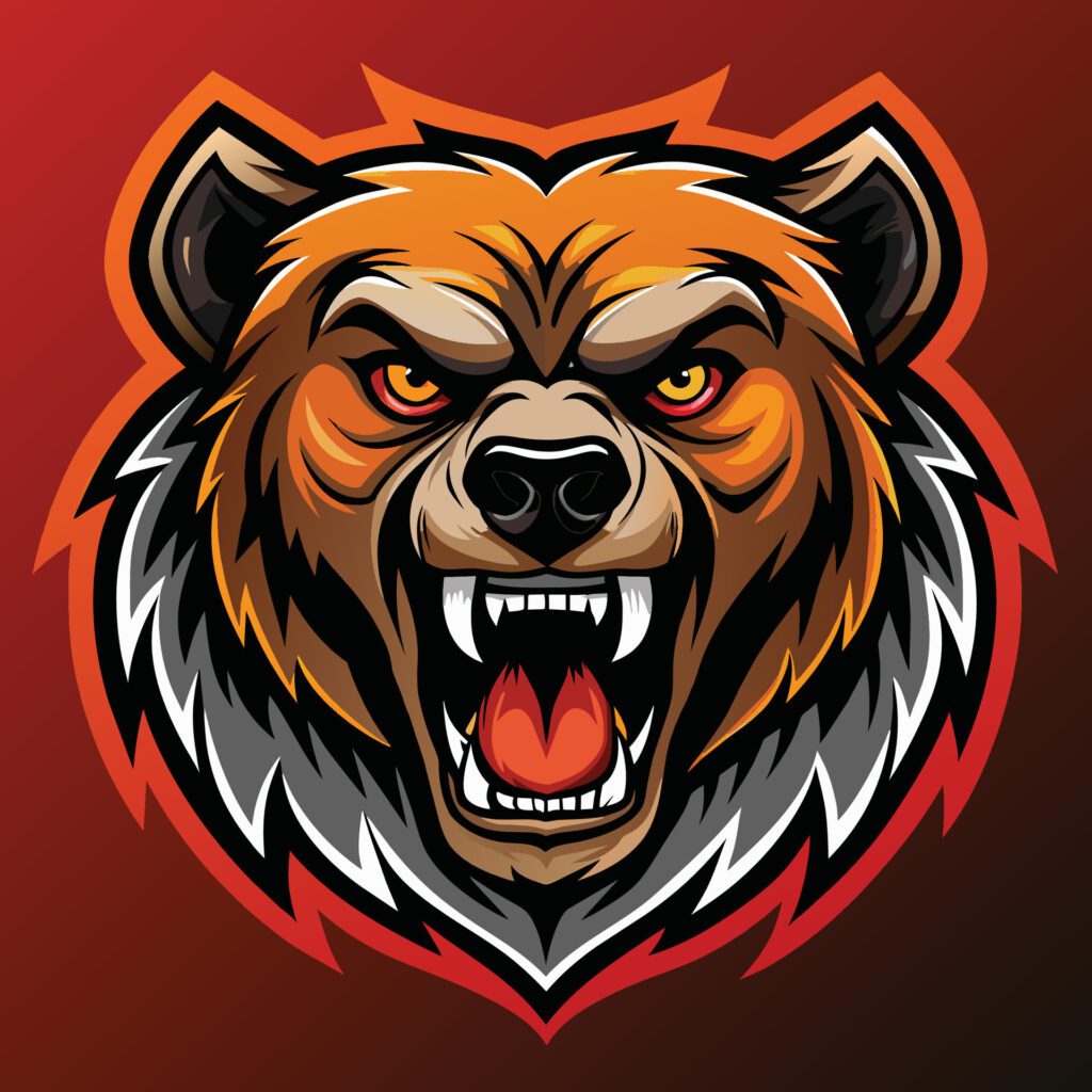 A striking illustration of an intense, angry bears head against a vibrant red background, Intense Angry Bear Head Logo, Striking Illustration Free Vector