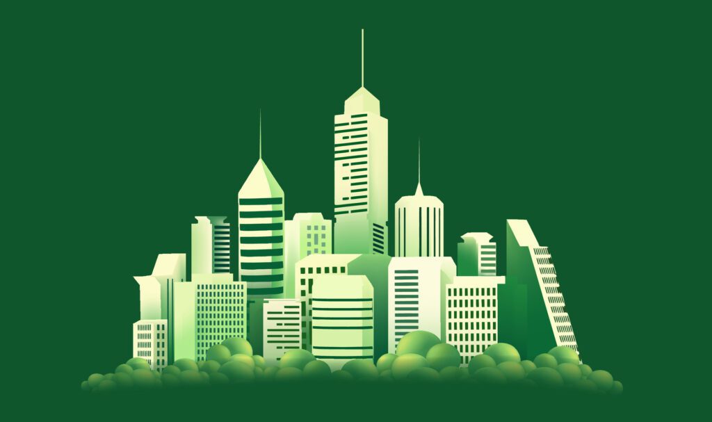 Green city skyline on a green background Free Vector