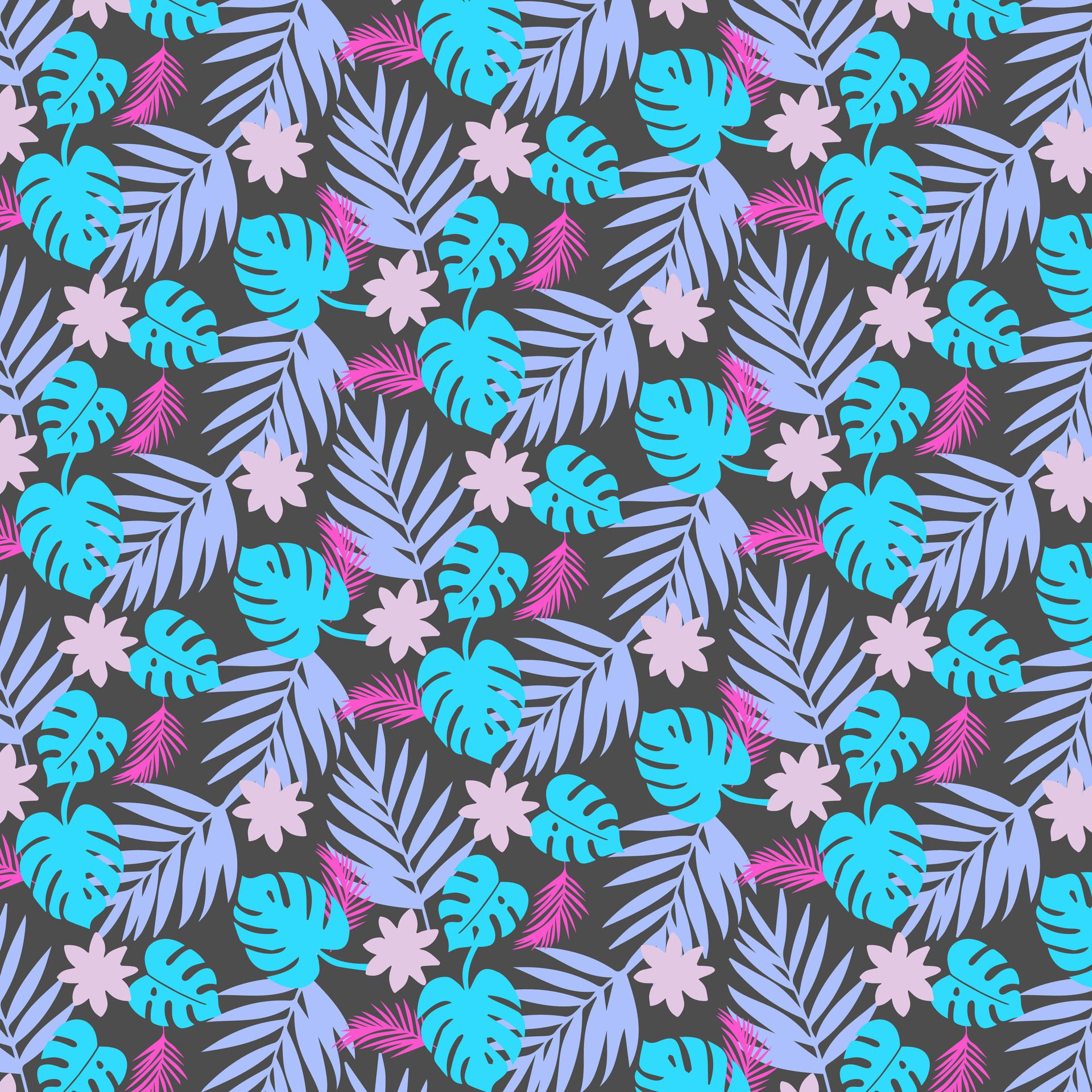tropical-seamless-pattern-colorful-palm-leaves-and-flowers-on-gray-summer-bright-background-fashion-design-for-print-decor-fabric-card-free-vector