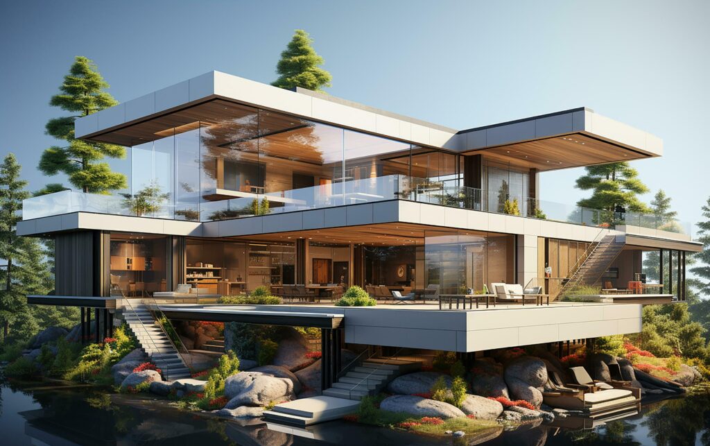 unique industrial architecture house in daylight, photo-realistic AI generative Stock Free