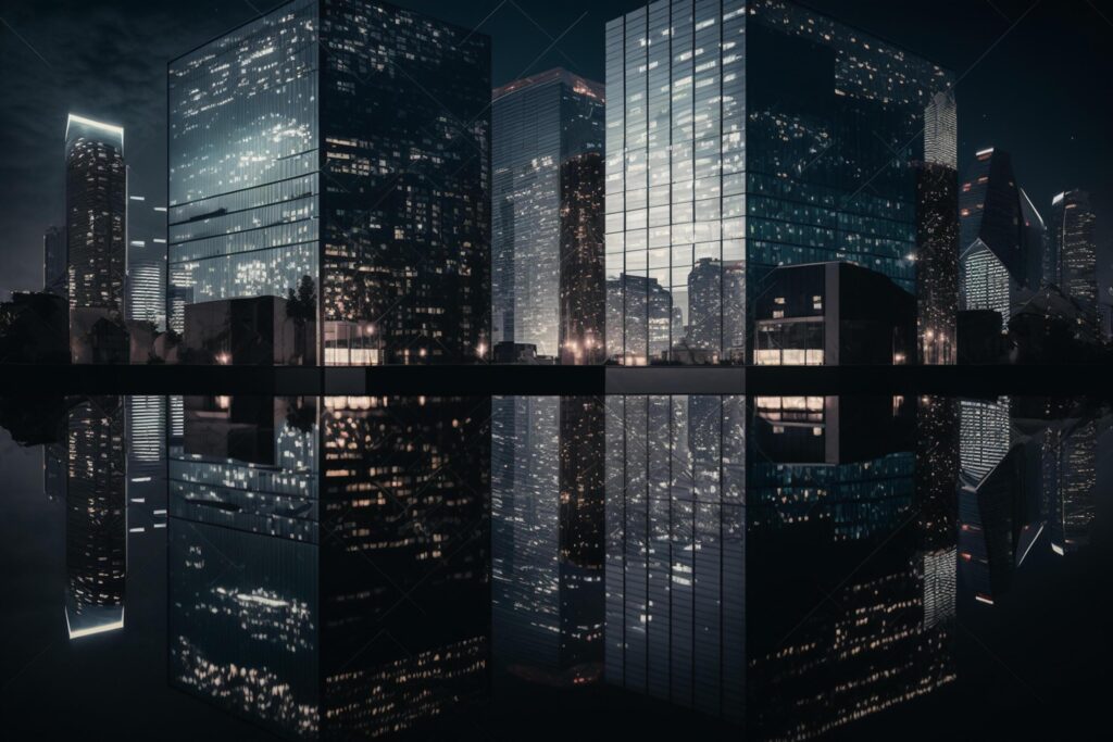 Double exposure of skyscrapers in the city at night with reflection Stock Free