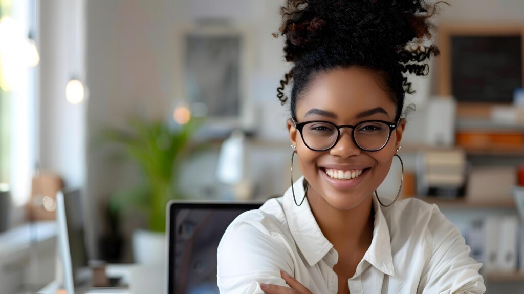 Cheerful Young African American Female Business Executive Working in Office Stock Free