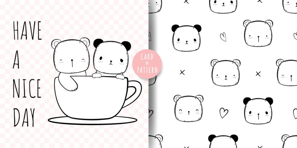 Cute Bear Cartoon Doodle Card and Pattern Free Vector