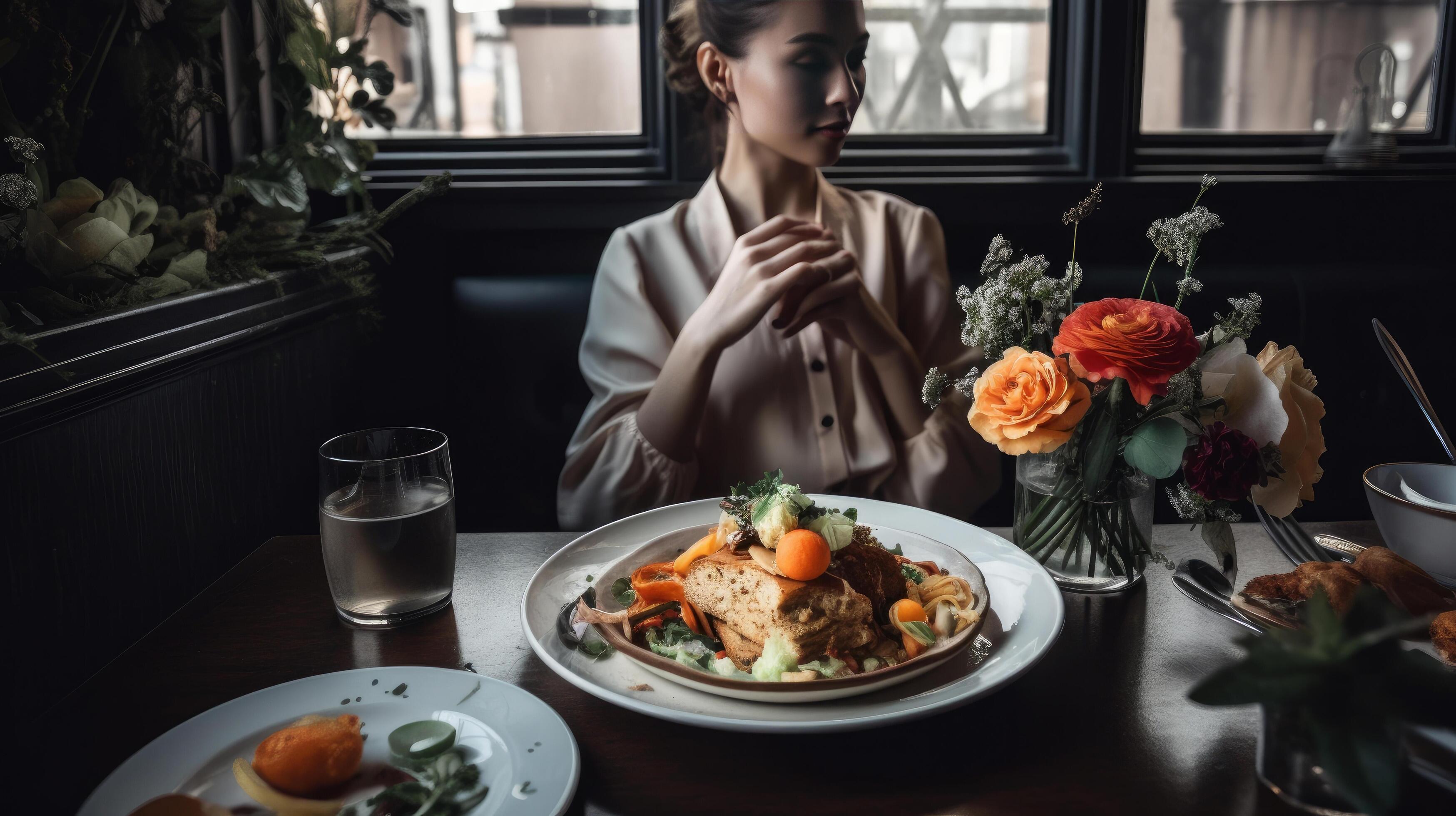 Woman sitting with flower bouquet by food on dining table Illustration Stock Free