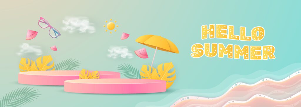 Hello summer poster banner display podium with summer beach scene design background Free Vector