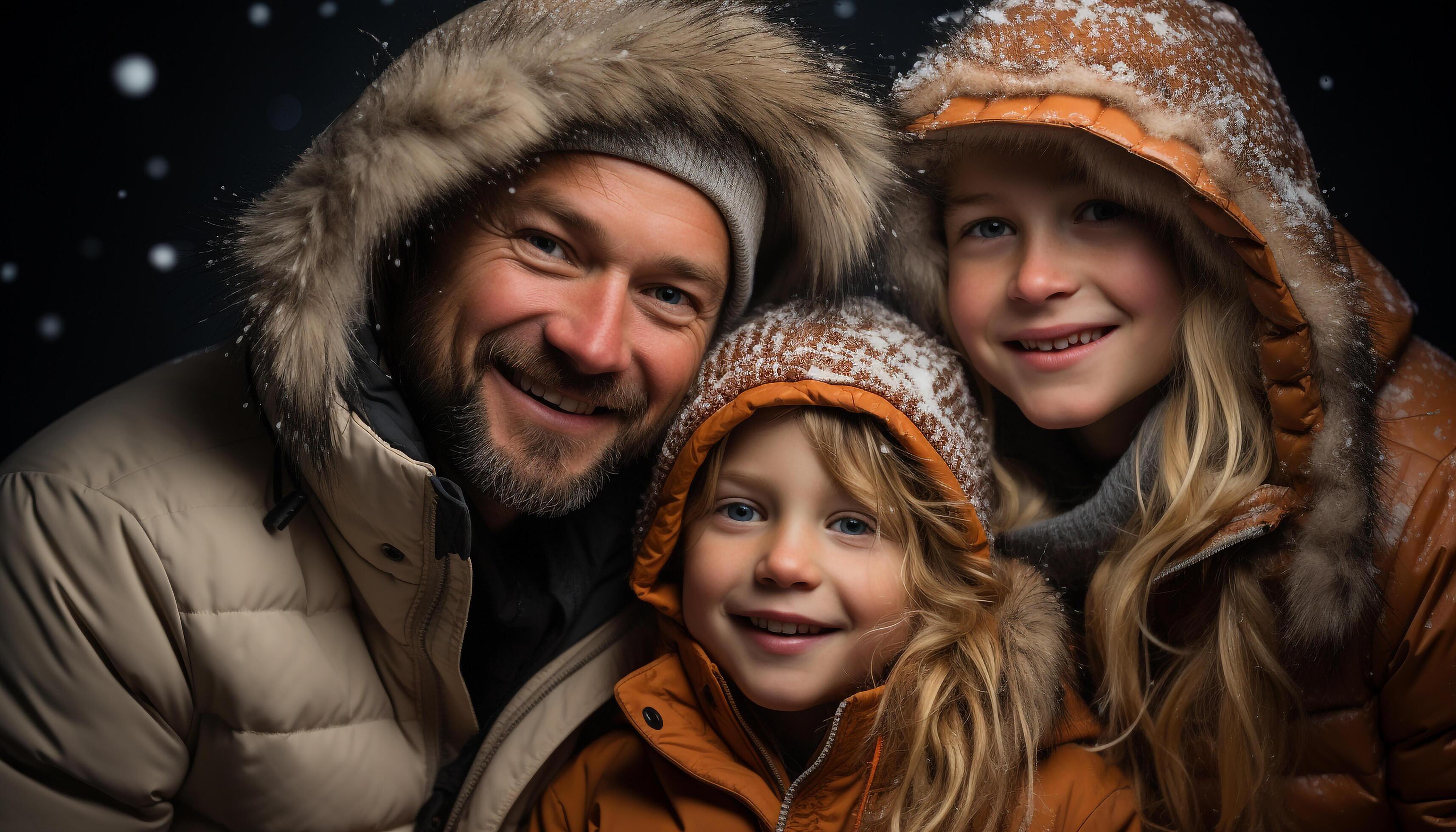 AI generated Smiling family embraces winter, love and joy in nature generated by AI Stock Free