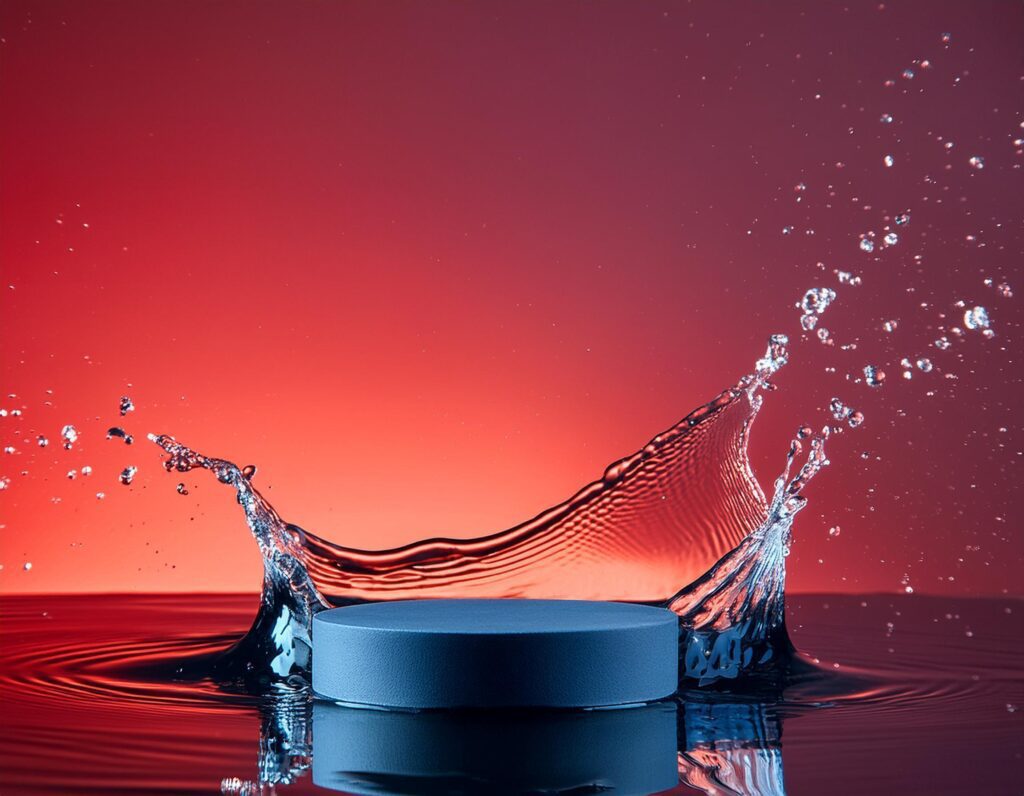 empty blue podium mockup with water splash on a gradient background for product display Stock Free