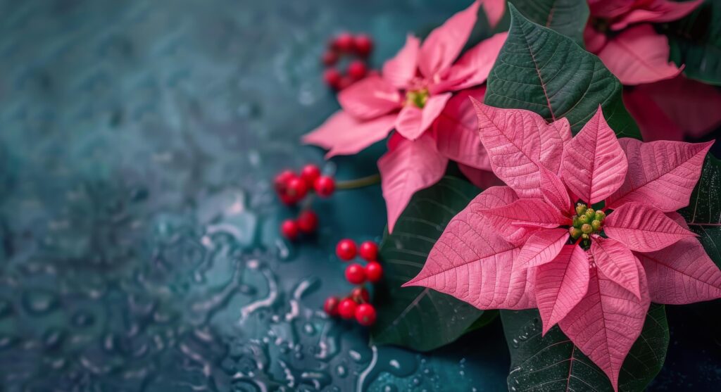 Pink Poinsettia Plant Leaves Against a Blue Background Stock Free