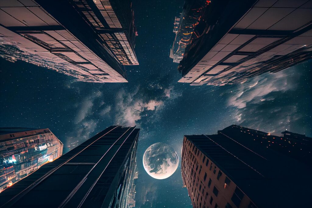 skyscrapers buildings with fullmoon scene , Stock Free