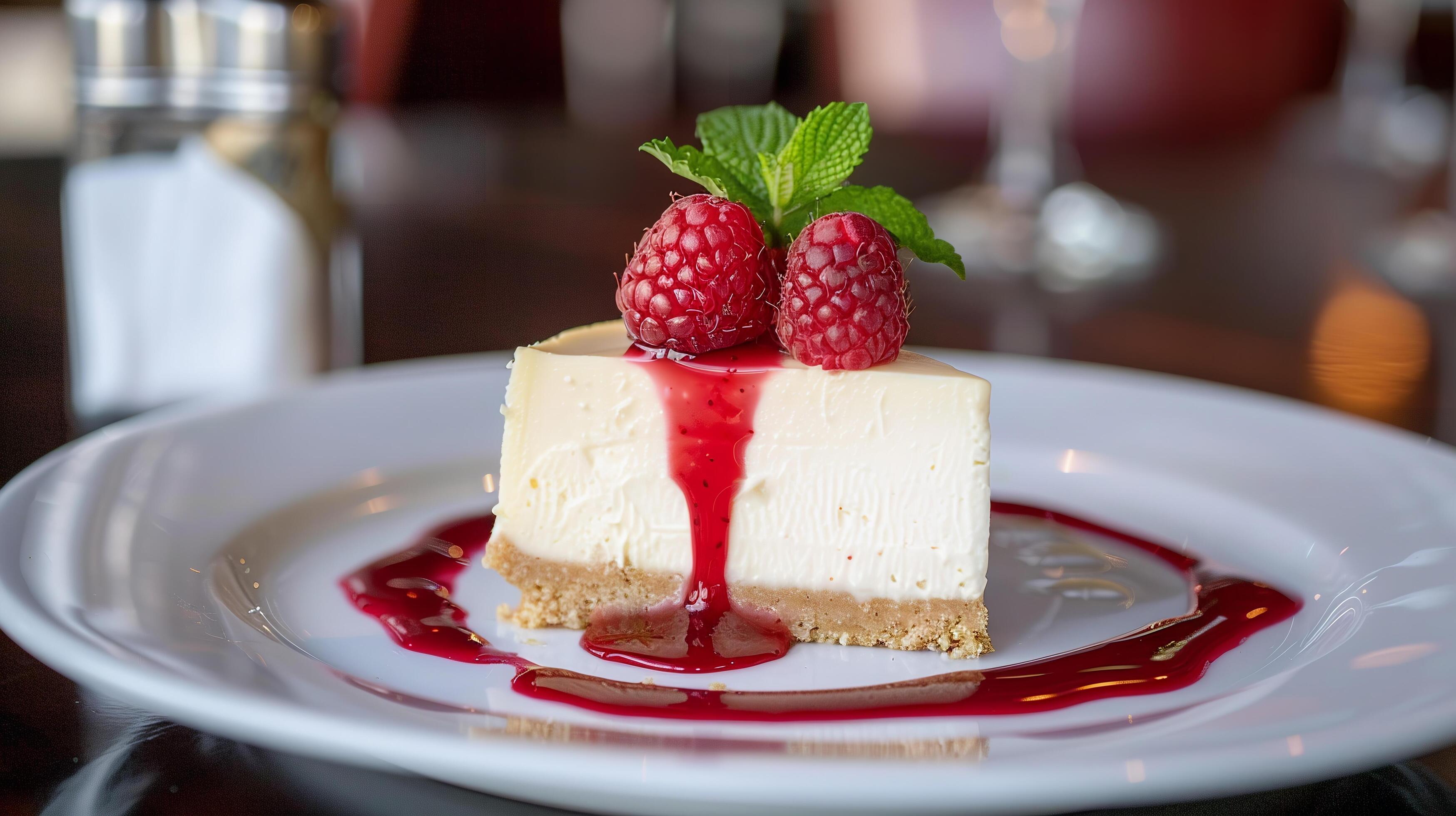 Creamy cheesecake with a graham cracker crust, topped with raspberry coulis. Stock Free