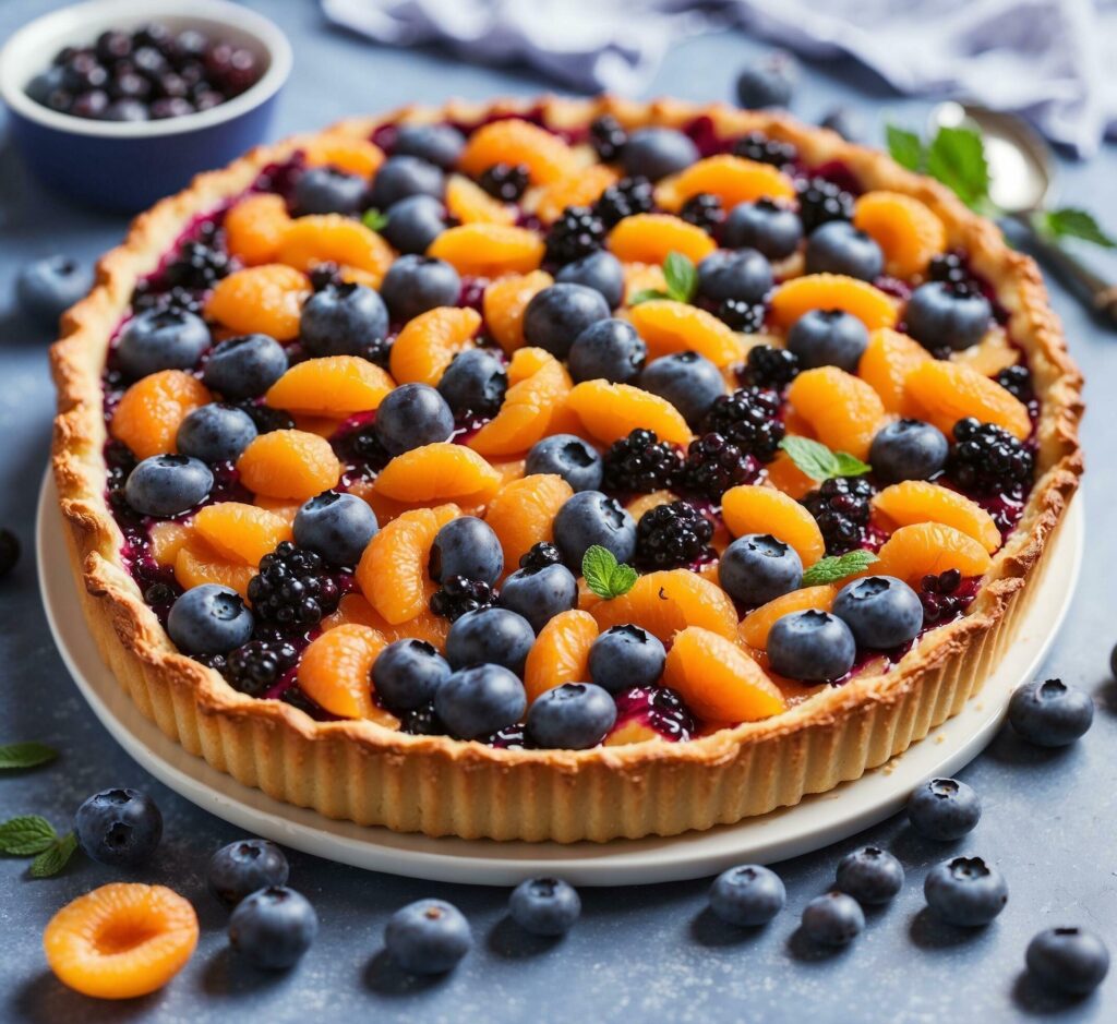 Homemade tart with blueberries and apricots, selective focus. Free Photo