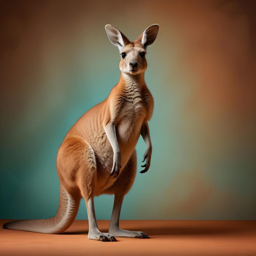 a kangaroo standing on its hind legs in front of a gray background Stock Free