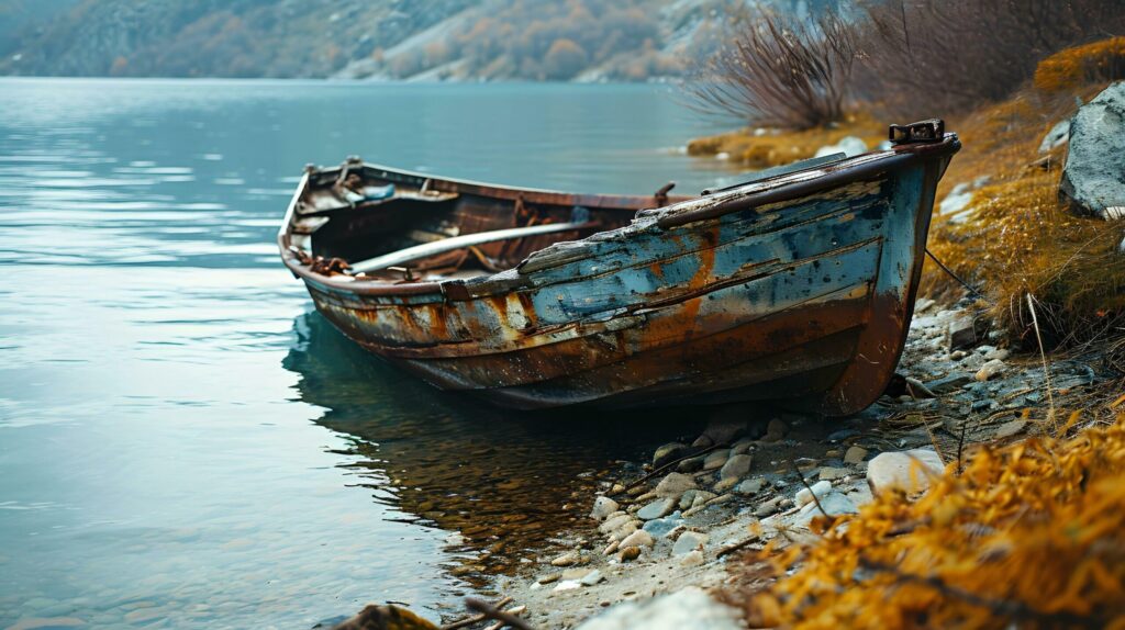 Abandoned Boat Tranquil Lake Autumn Foliage Rocky Shore Misty Mountains Free Photo