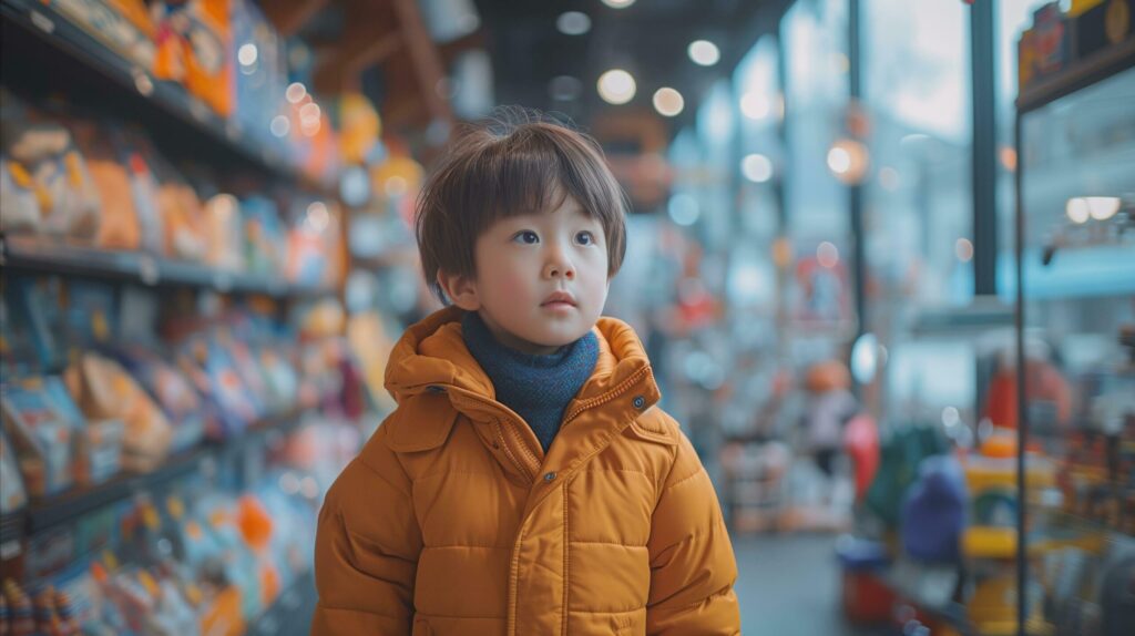 Curious little boy shopping in grocery store aisle in winter jacket Free Photo