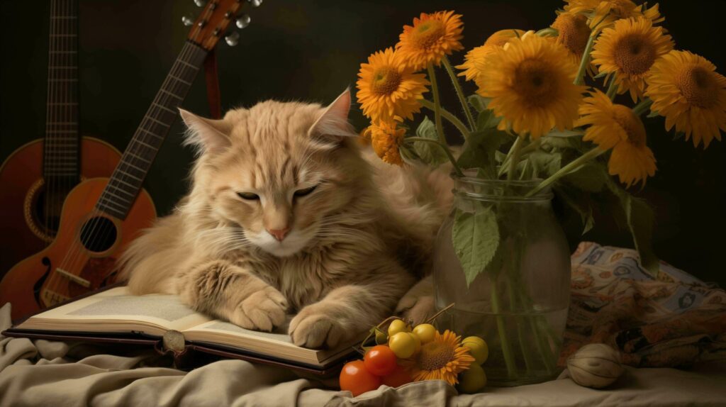 Cute ginger cat reading a book with a guitar and sunflowers Free Photo