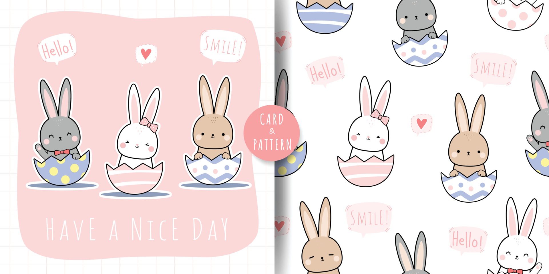 Cute rabbit bunny sitting in easter egg shell cartoon doodle card and seamless pattern Free Vector