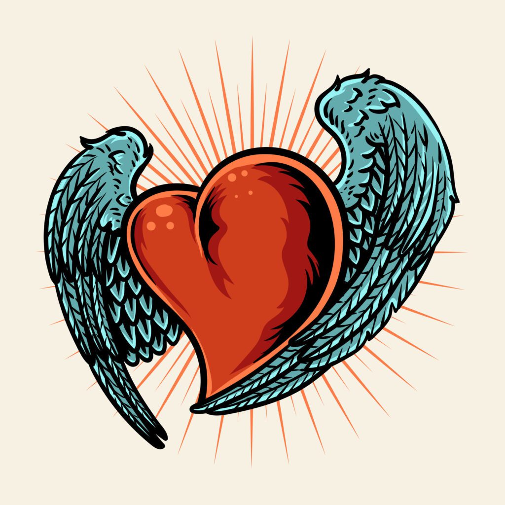 Illustration heart with wings, vector illustration on white background Free Vector