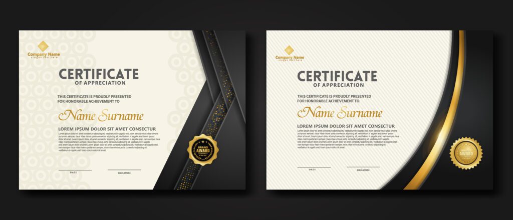 Luxury certificate template with glitter effect dan lines gold shine on frame background Free Vector