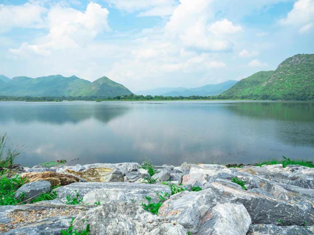 River with mountain and valley and blue sky white clouds landscape in nature beautiful,Winter season Stock Free