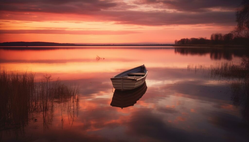 Tranquil sunrise over serene pond, nature beauty in multi colored sky generated by AI Stock Free