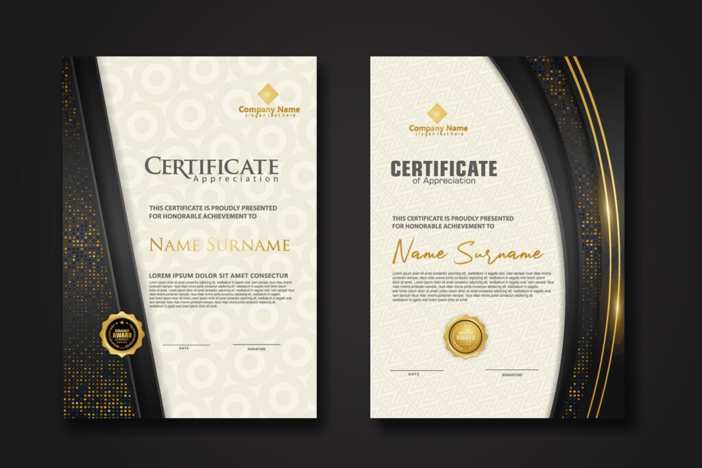 Luxury certificate template with glitter effect dan lines gold shine on frame background Free Vector