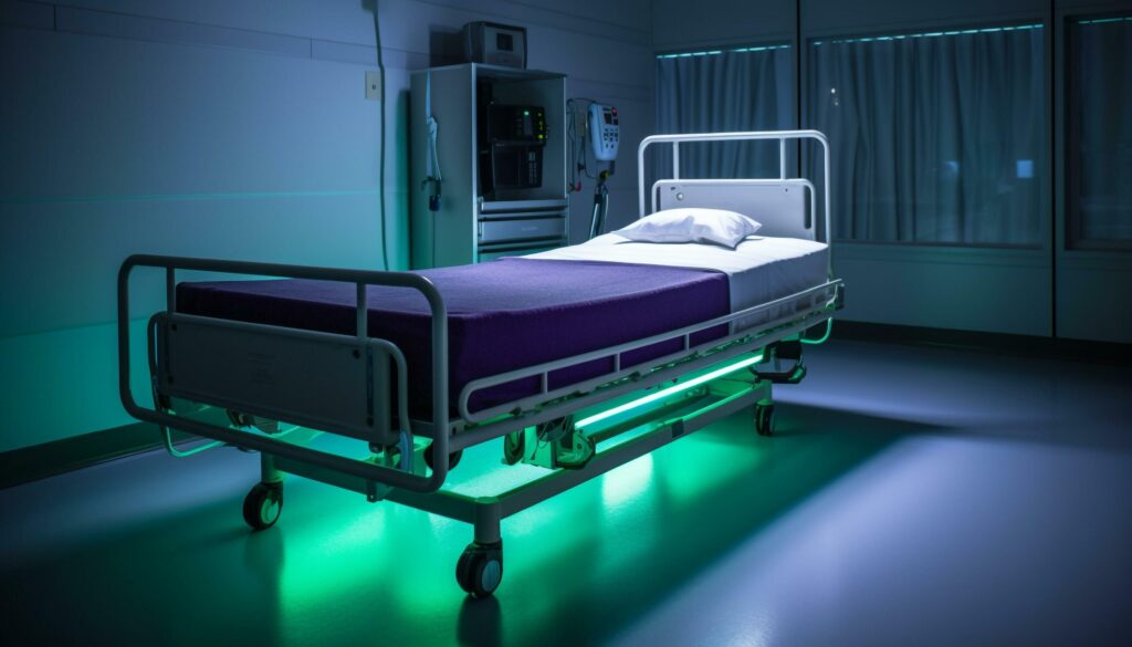 In the hospital ward, an illuminated patient awaits recovery generated by AI Stock Free