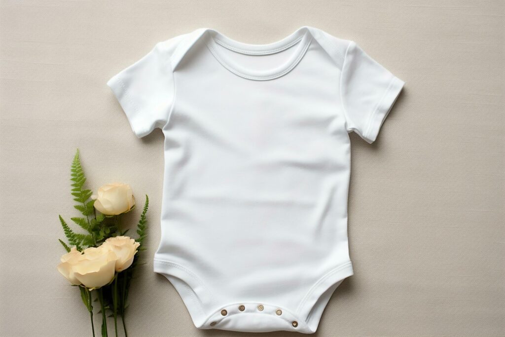 White baby bodysuit and flowers on white wooden background, top view AI Generated Stock Free