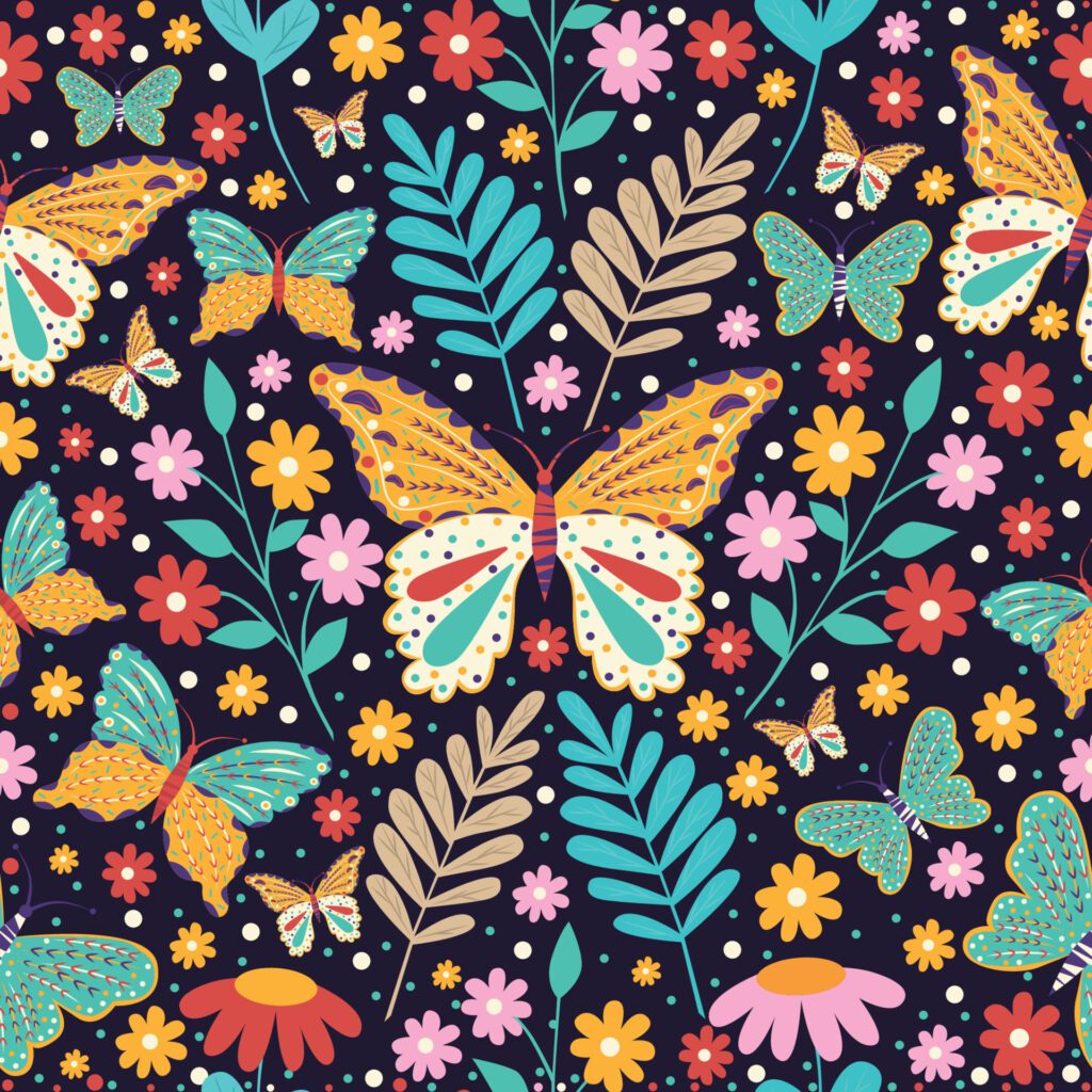 Digital illustration pattern of bright beautiful butterflies flowers and plants on a dark background Free Vector