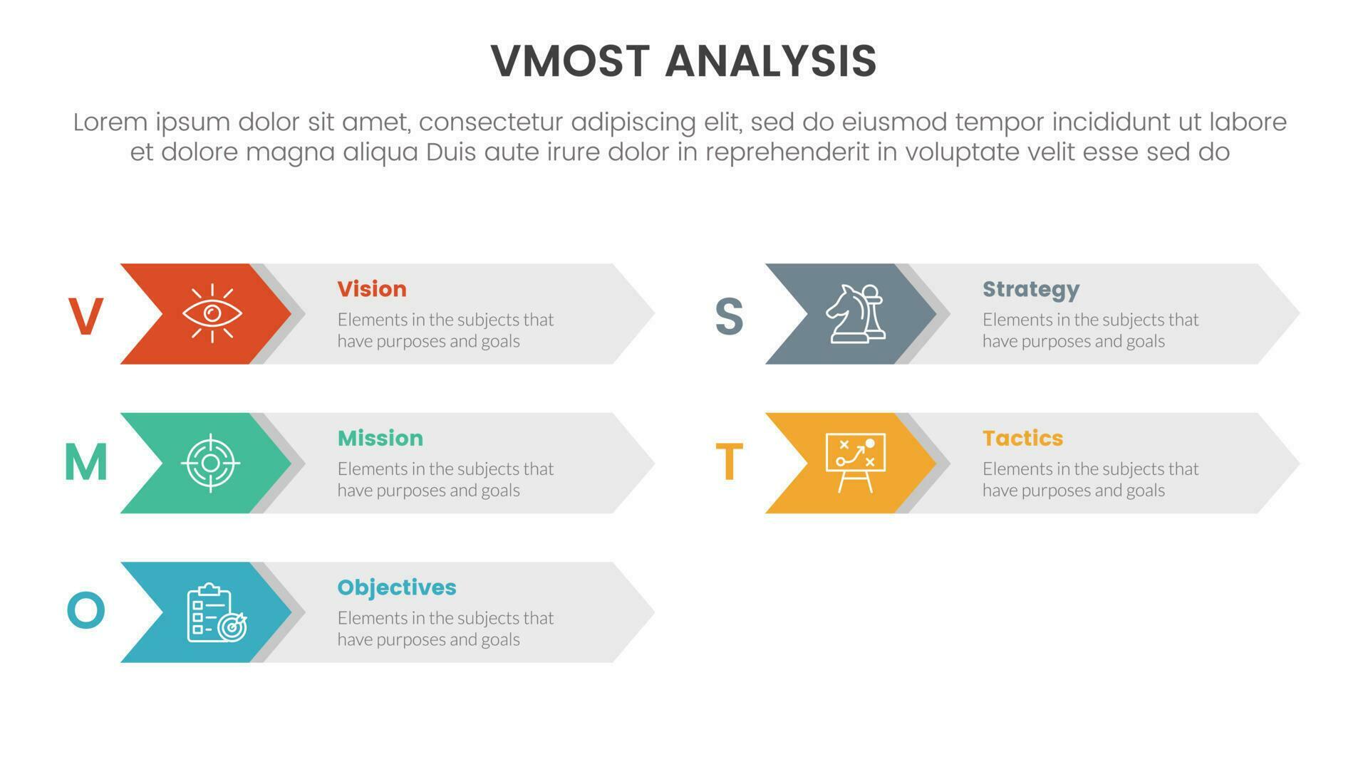 vmost analysis model framework infographic 5 point stage template with arrow box right direction information concept for slide presentation Stock Free