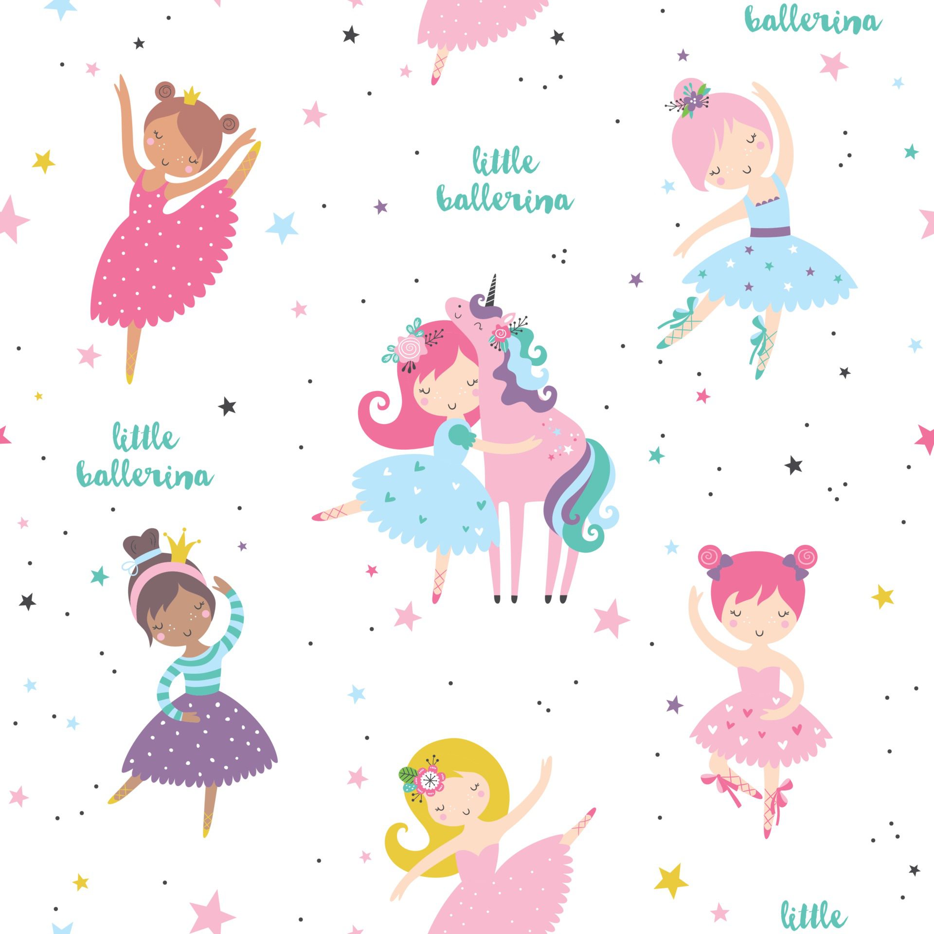 Cute ballerina with sweet unicorn childish seamless pattern. Free Vector