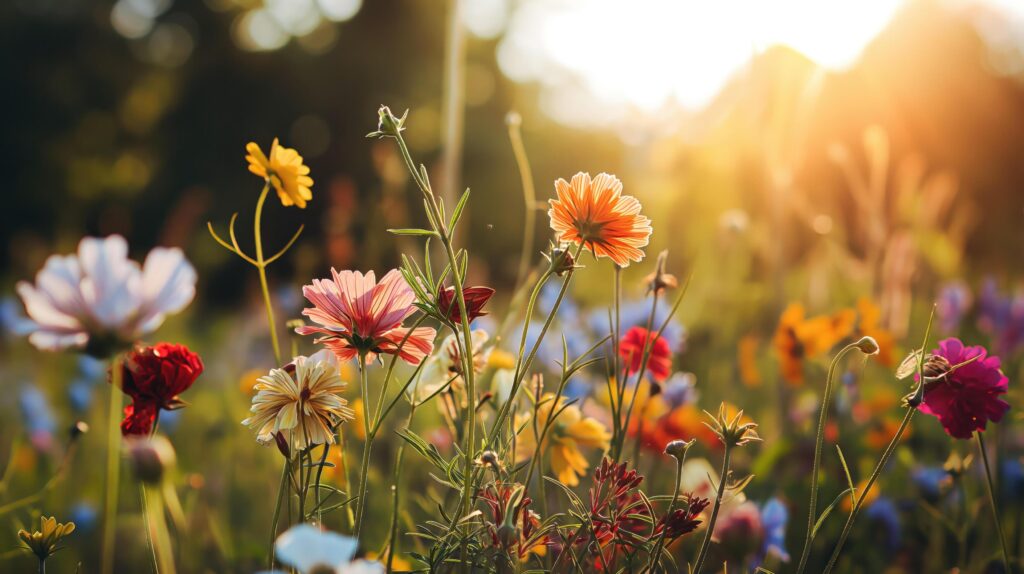 spring meadow with some colorful flowers and blurred background Stock Free