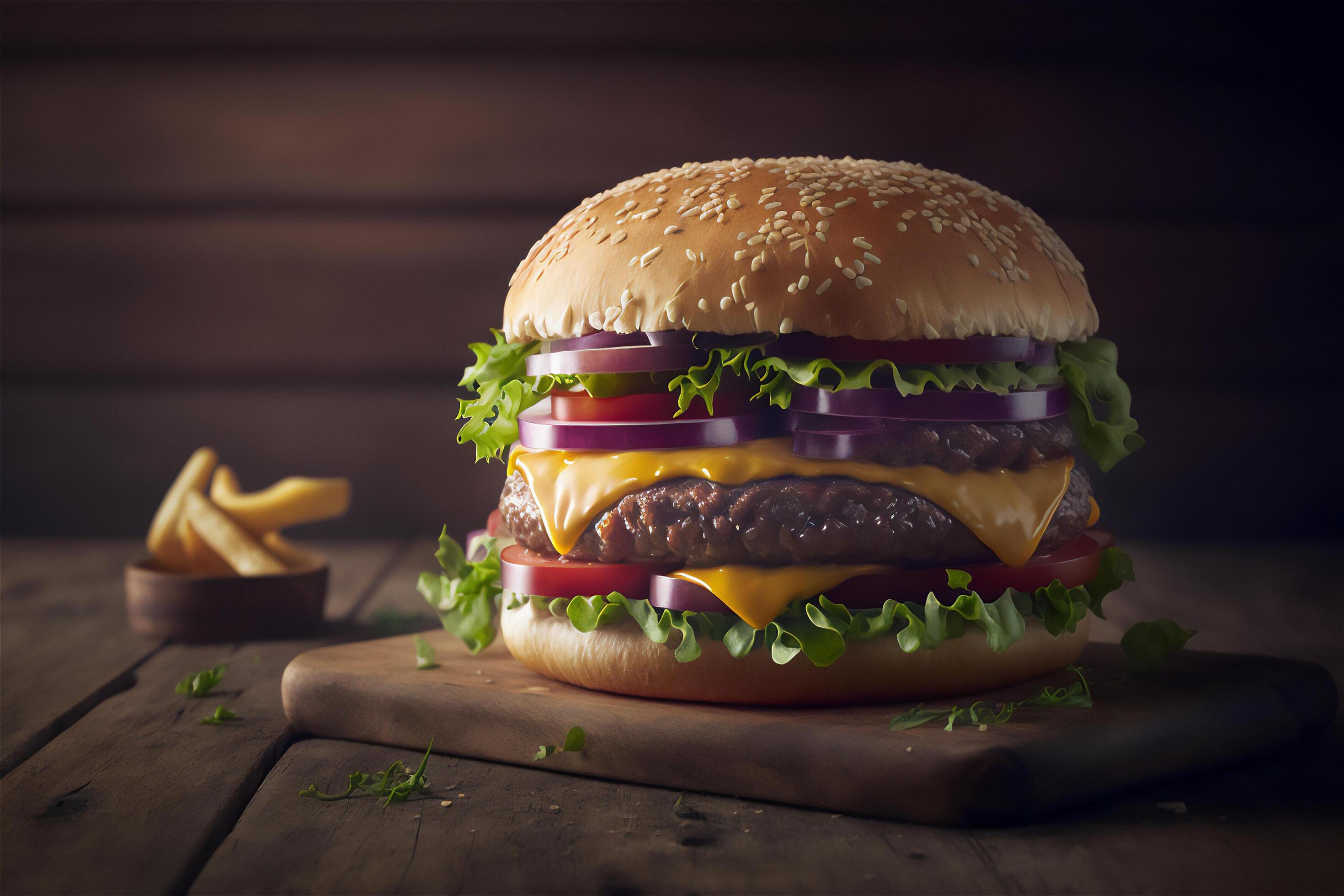 Tasty homemade hamburger on rustic wooden table. Copy space. Advertising. . Fast food snack Stock Free