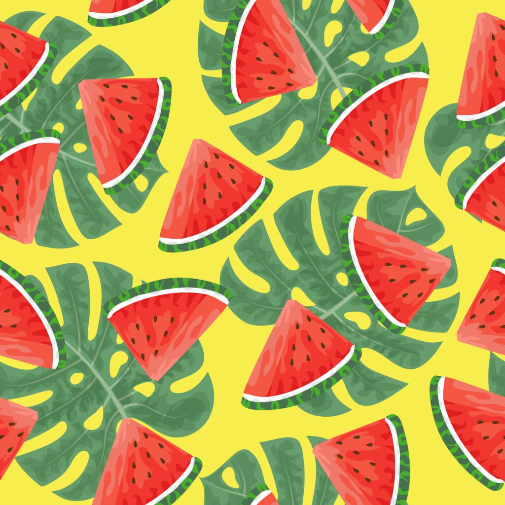 Seamless pattern with hand drawn watermelon slace and tropical monstera leaves on yellow background. Free Vector