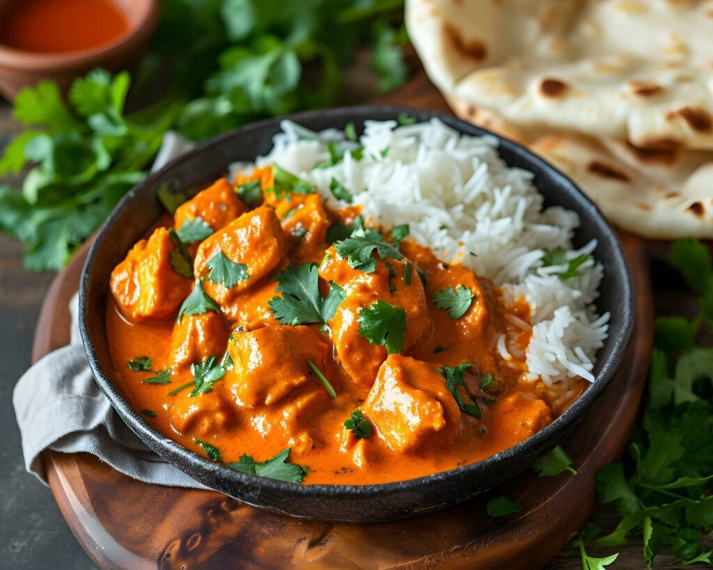 Chicken tikka masala with rice and naan. Indian cuisine Free Photo