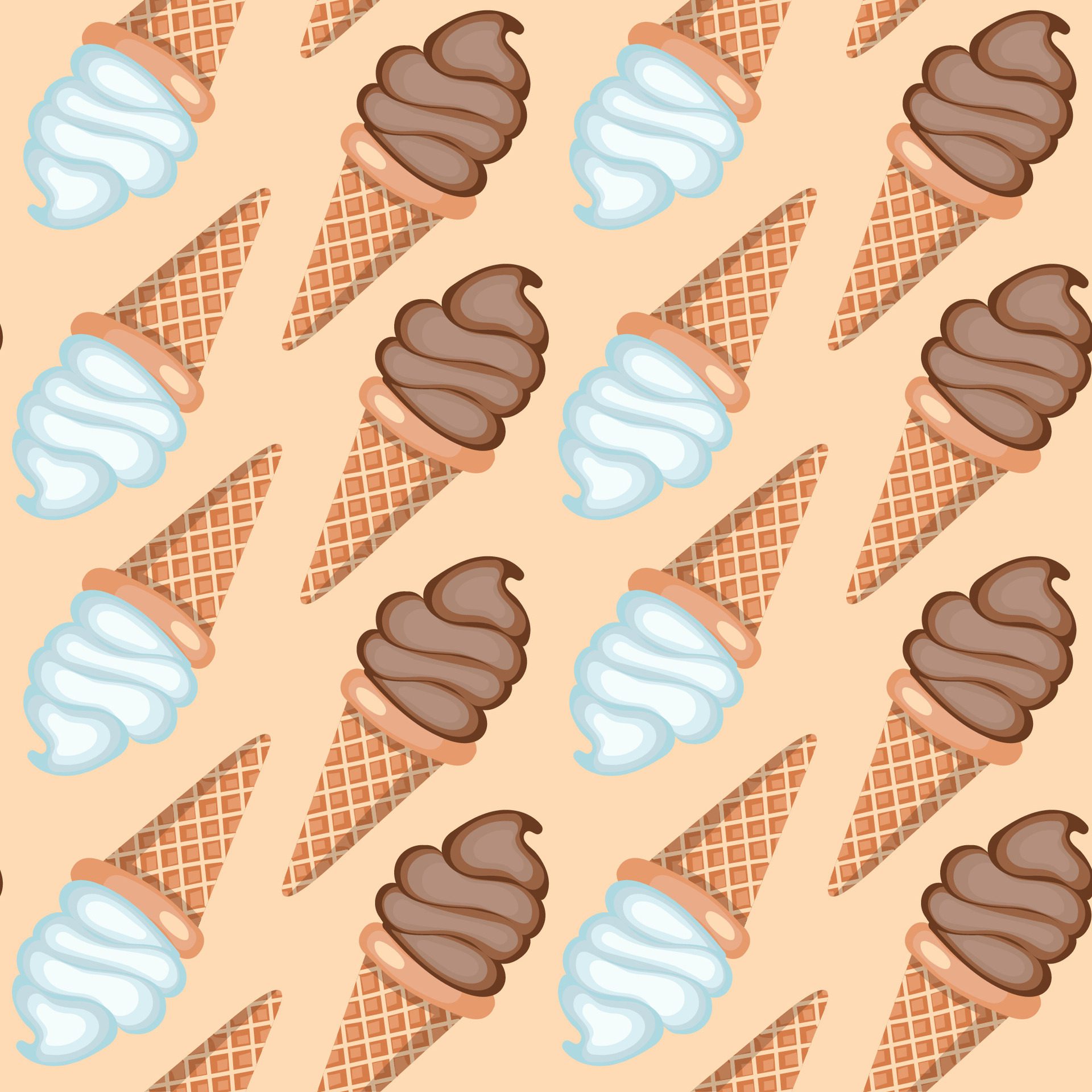 Vanilla and chocolate ice cream in waffle cones. illustration. Seamless pattern. Free Vector