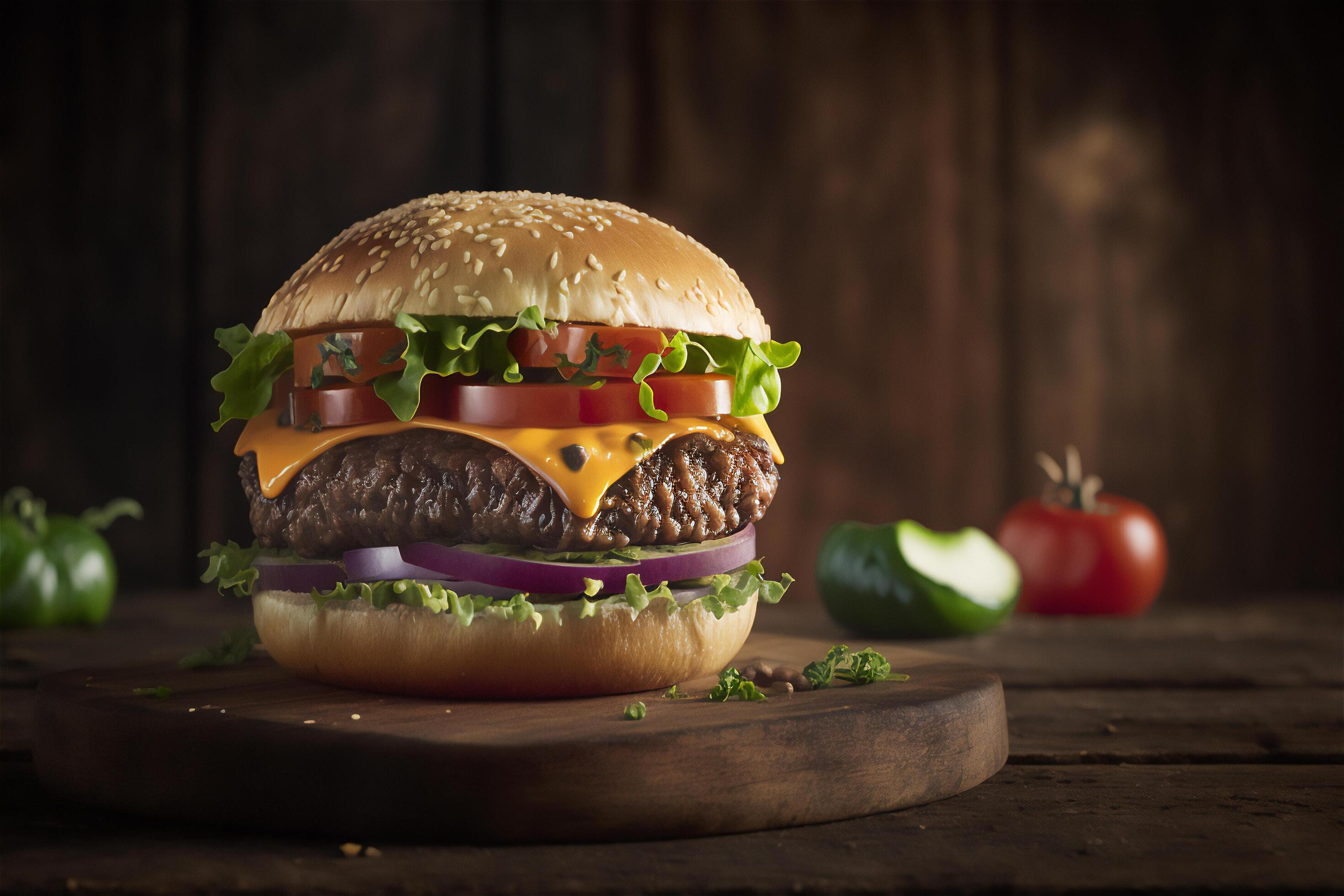 Tasty homemade hamburger on rustic wooden table. Copy space. Advertising. . Fast food snack Stock Free