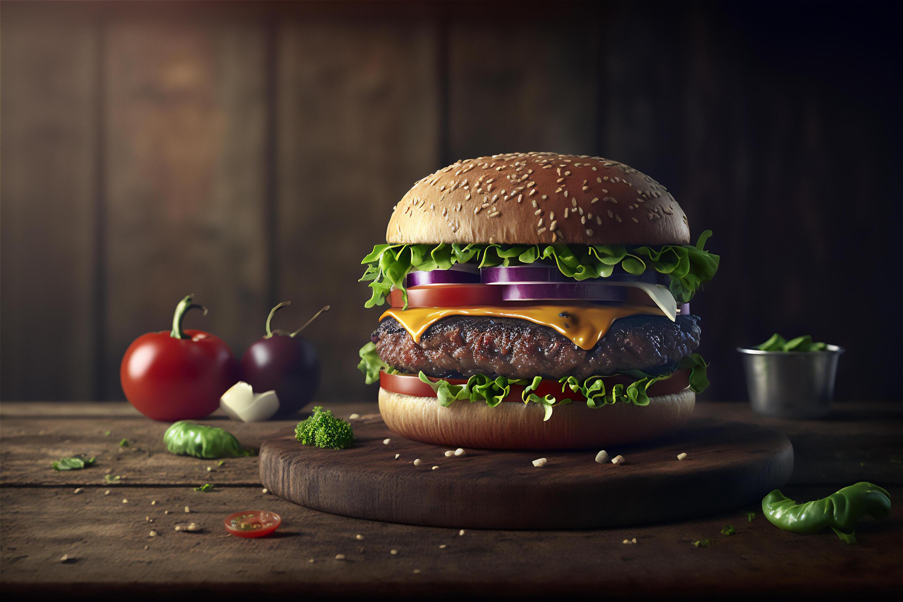 Tasty homemade hamburger on rustic wooden table. Copy space. Advertising. . Fast food snack Stock Free