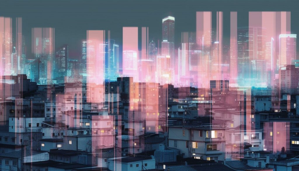 Modern skyscraper illuminates city skyline in multi colored abstract pattern generated by AI Stock Free