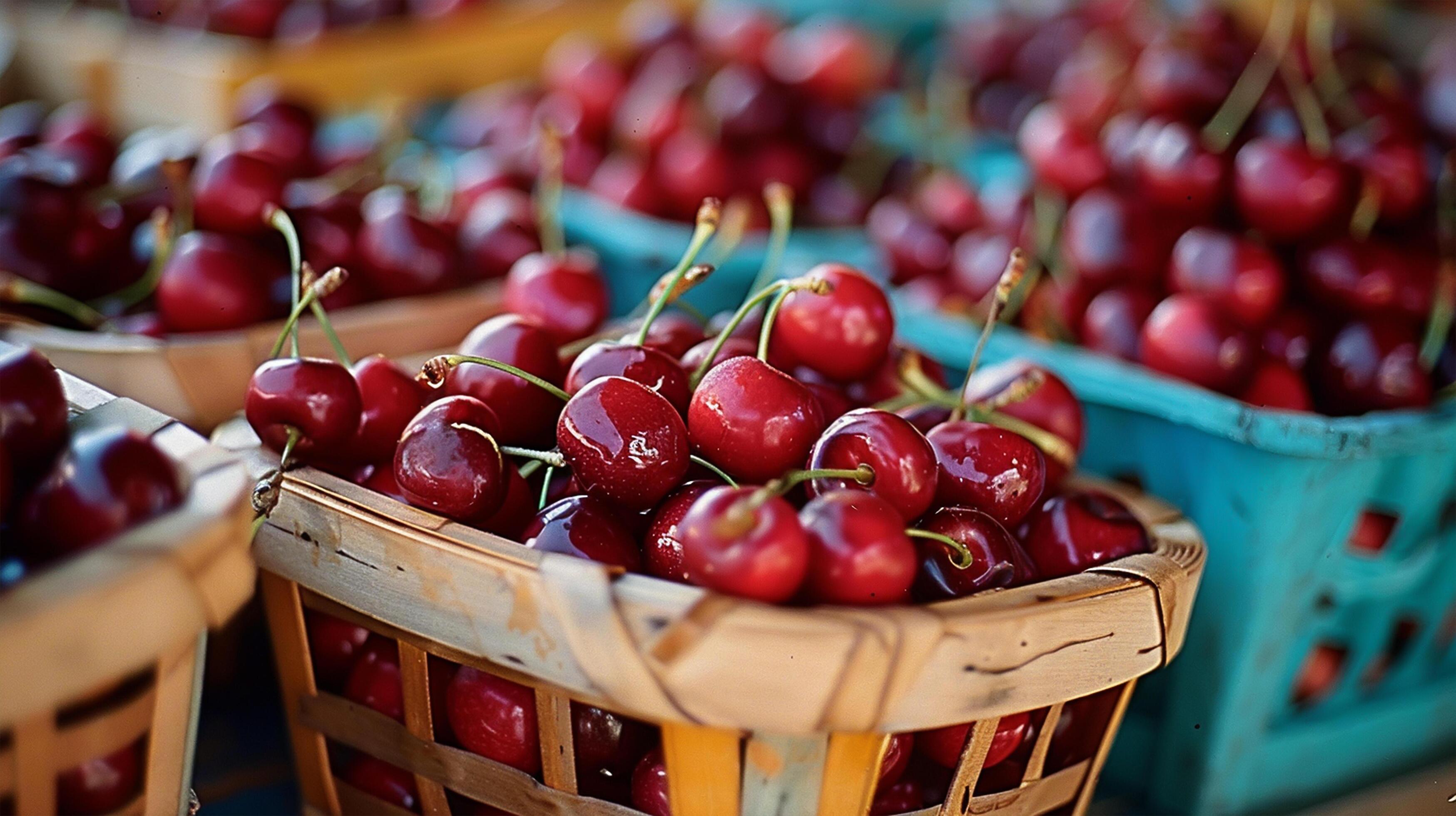 Cherry baskets at a farmer’s market, healthy lifestyle, suitable for food-related advertising and editorial use Stock Free