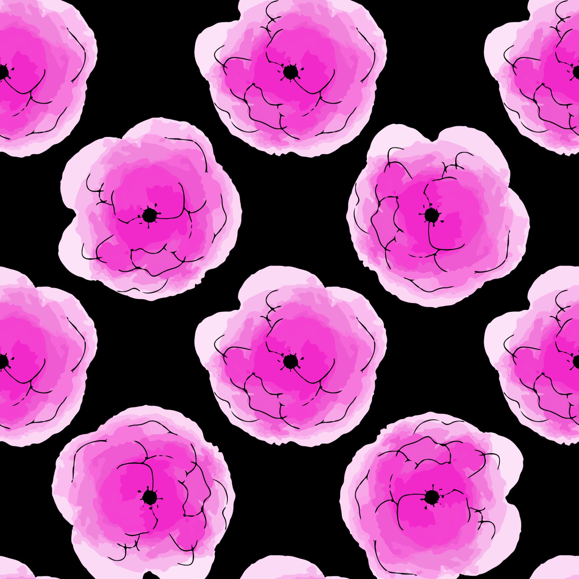 Vector illustration seamless pattern watercolor pink flowers on black background Free Vector