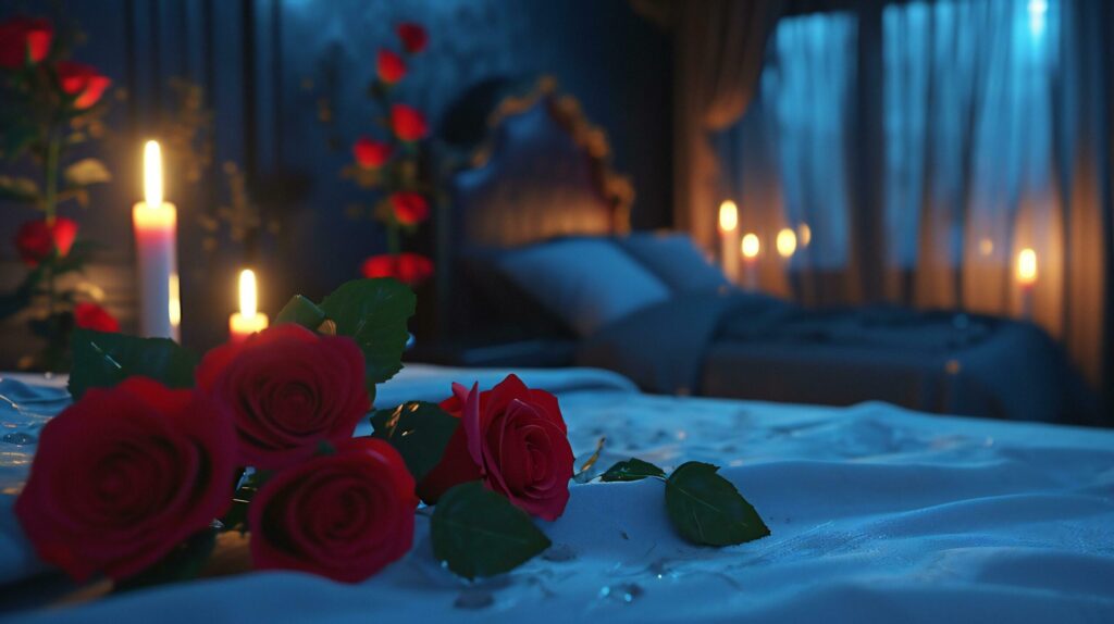 Intimate Candlelit Bedroom with Red Roses Ambiance Free Photo