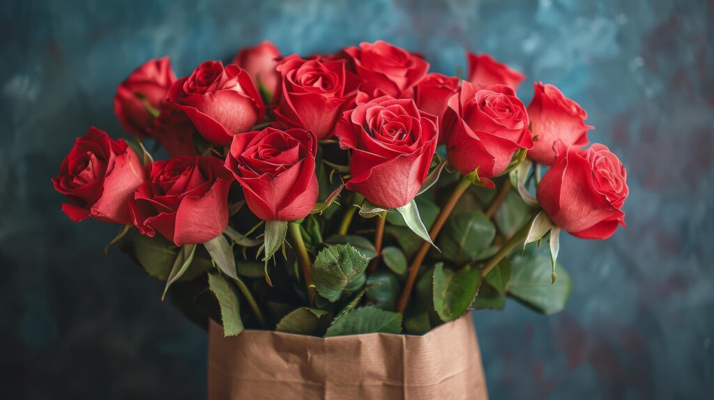 A Bouquet of Red Roses in a Brown Paper Bag Against a Teal Background Stock Free