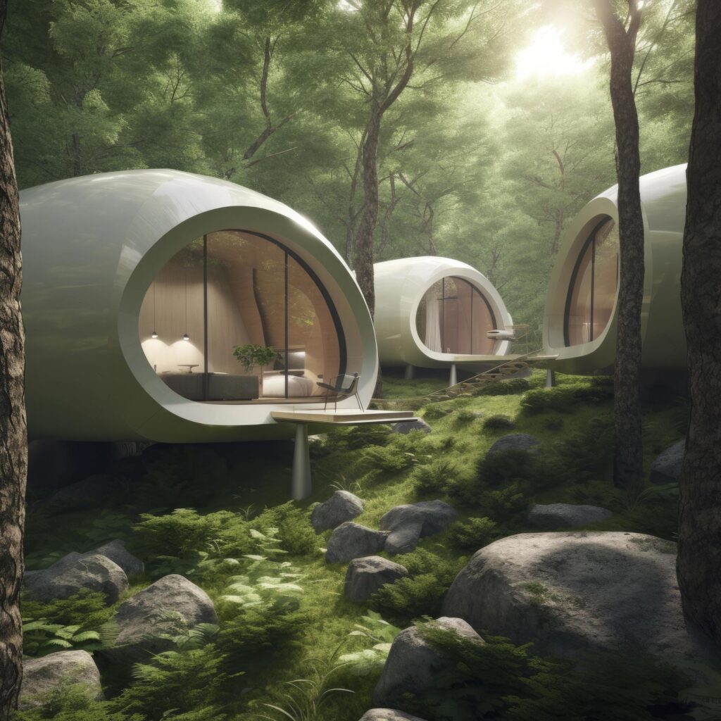 futuristic smart small homes inside the forest, Generate Ai Stock Free