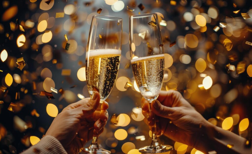 Two Champagne Flutes Filled With Sparkling Wine Against a Festive Background Stock Free