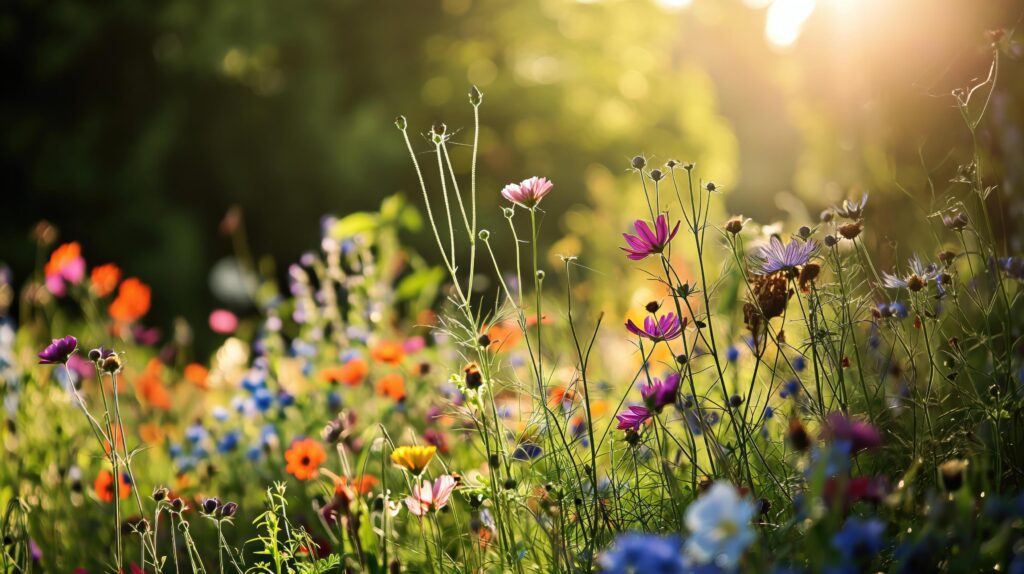 spring meadow with some colorful flowers and blurred background Stock Free