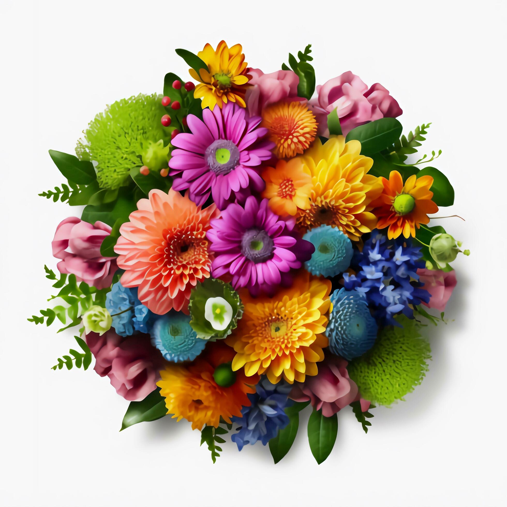 A top view of a bouquet of various colorful flowers. Isolated white background. AI Generated. Stock Free